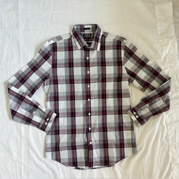 Express Men’s Slim Button Down Shirt in Navy/Red Plaid Sz M 15-15.5” - Picture 1 of 3